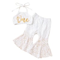 Image 2 of Girl's 2pc "ONE" Set Lace Halter Top + Flare Pants 