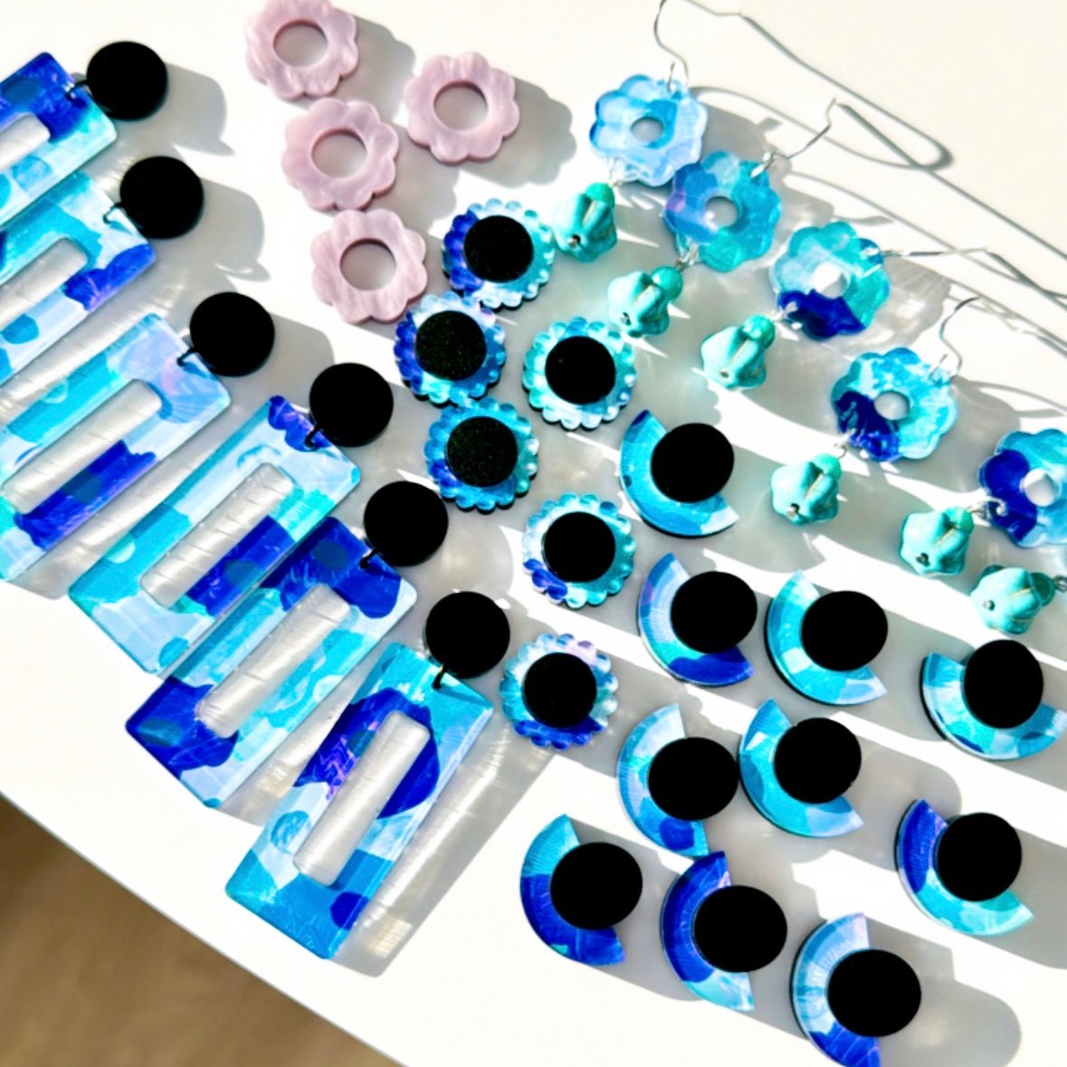 Image of SALE ~ 'Blue Blooms' Painted Rectangle Dangles