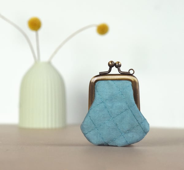 Image of Indigo leaf blue, TINY quilted silk kisslock purse, dyed with plants