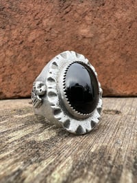 Image 1 of WL&A Handmade Apache Tears Obsidian Thunderbird Signet Rings - Size 11.5