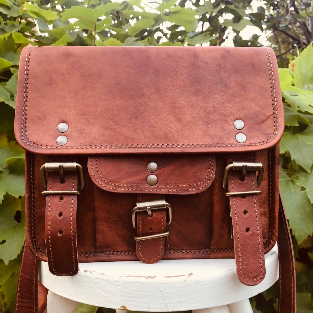 Image of Baby Handmade Leather 9”x7” Satchel with pocket