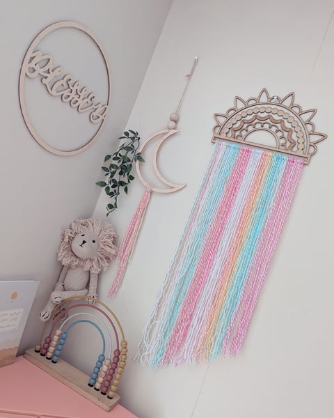 Image of Large wooden boho style woolen hanging 