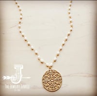 Image 1 of Matte Gold Scroll Pendant on Long Genuine Freshwater Pearl Necklace