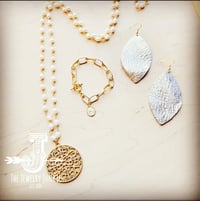 Image 2 of Matte Gold Scroll Pendant on Long Genuine Freshwater Pearl Necklace