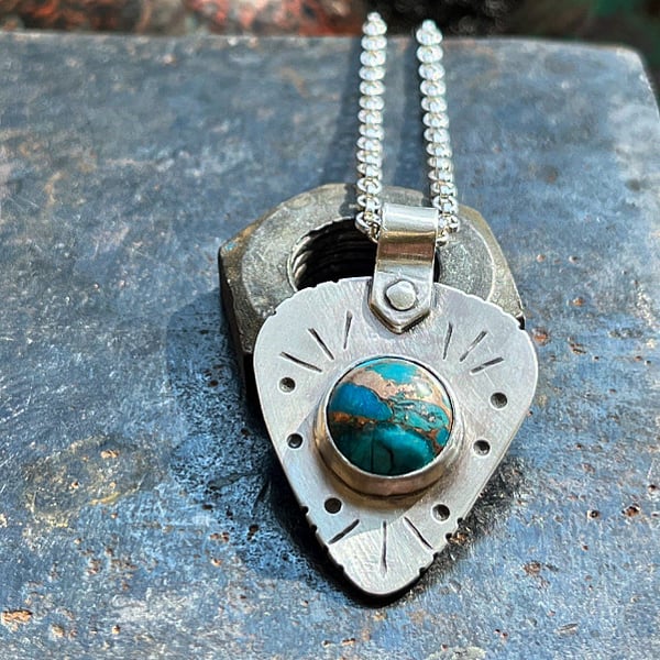 Image of Sterling Silver and Turquoise Guitar Pick Pendant