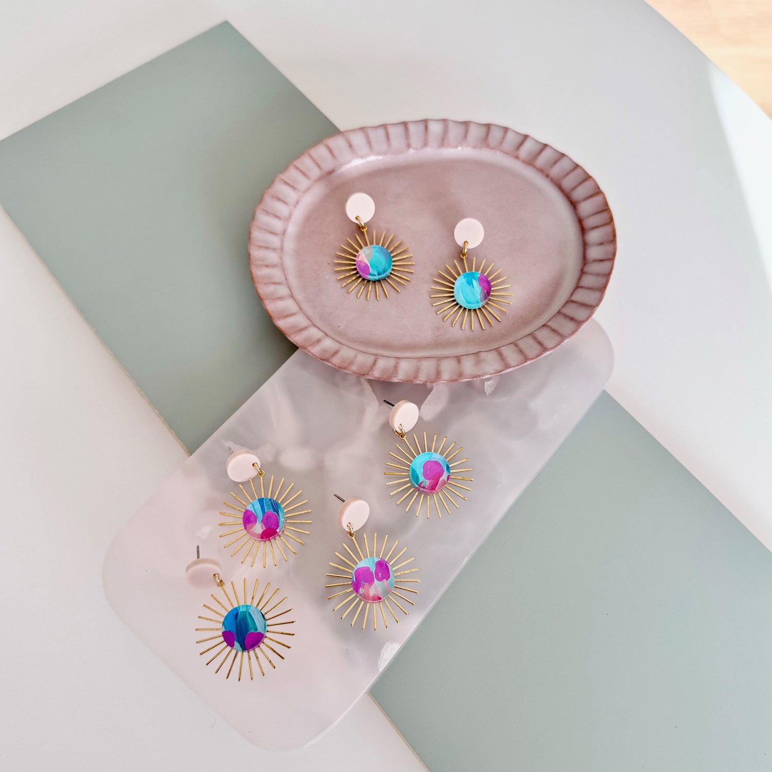 Image of 'Cactus Flower' Painted Ray Dangles