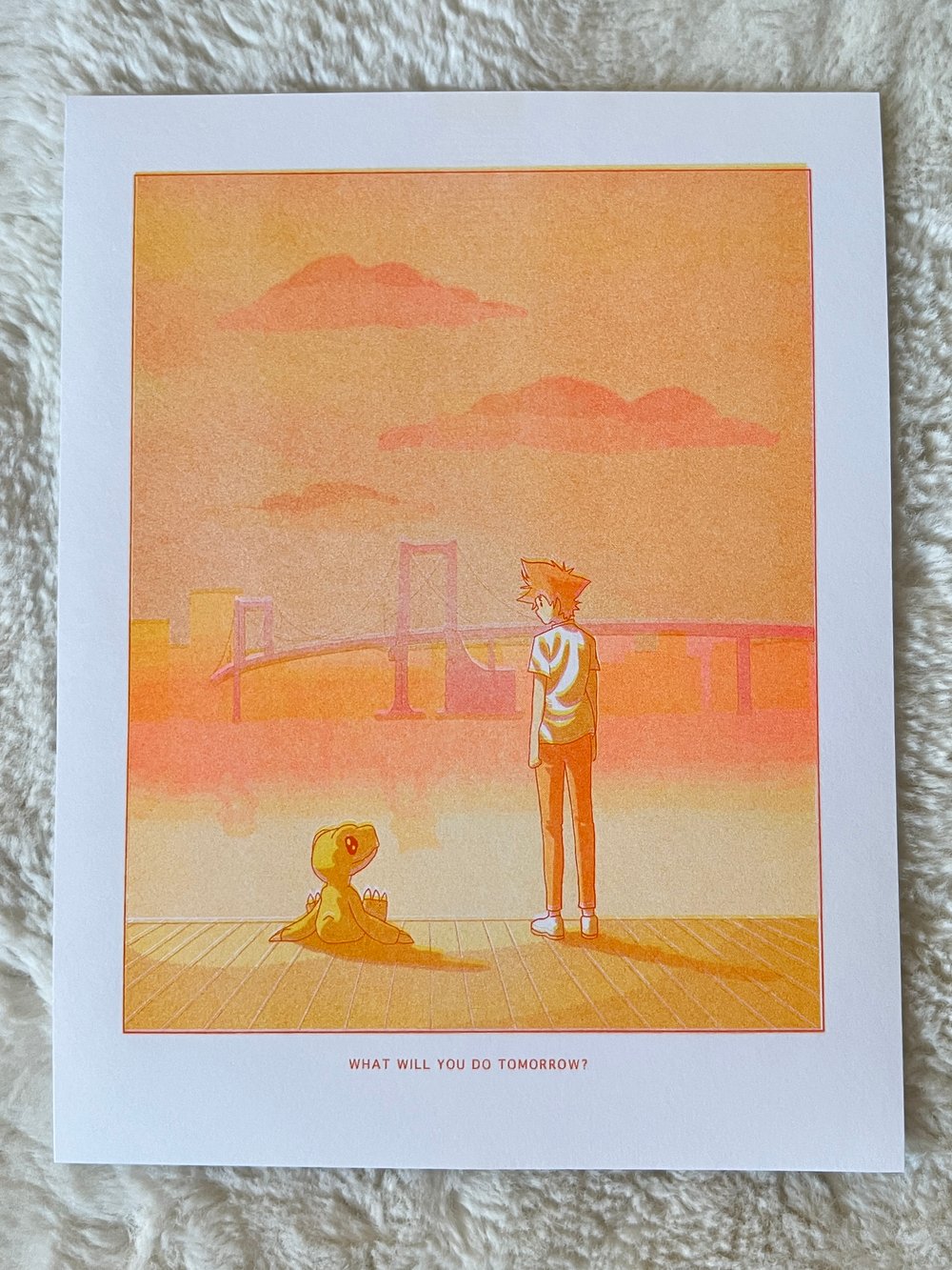 Image of "What Will You Do Tomorrow?" Tai + Agumon Risograph