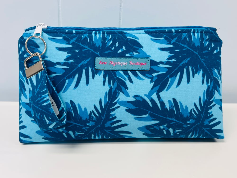 Image of Aqua Blue Leaves Cosmetic Bag