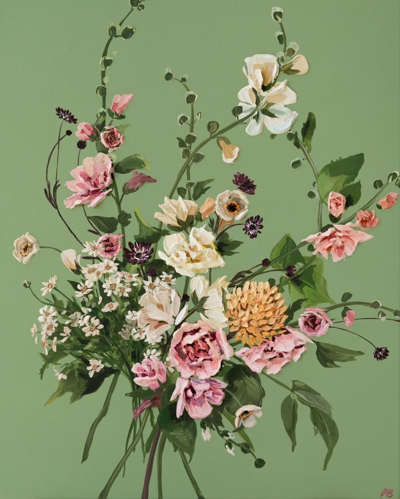 Image of HOLLYHOCKS ON PEA GREEN - GICLÉE PRINT
