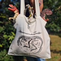 Image 1 of Double-Sided Tote Bag - white or green - "Let Me Rest" Gorgosaurus & Roadrunner - 100% Cotton 