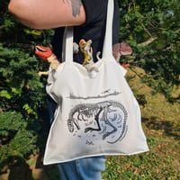Image 4 of Double-Sided Tote Bag - white or green - "Let Me Rest" Gorgosaurus & Roadrunner - 100% Cotton 