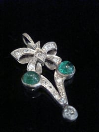 Image 1 of EDWARDIAN FRENCH PLATINUM CABOCHON EMERALD AND DIAMOND PENDANT