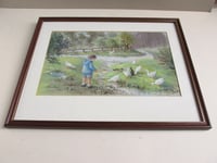 Image 2 of Vintage Pastel Drawing of Boy Feeding Ducks by Susan Bunt in Frame Sized 14 5/8 x 11 7/10 ins 
