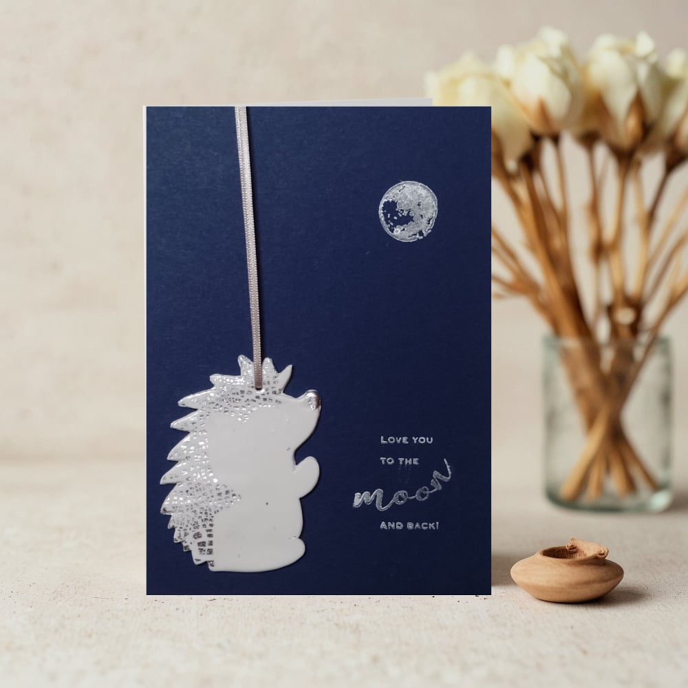 Image of 'Love You To The Moon & Back' Card With Hedgehog Keepsake Finished In Gold Or Silver Leaf