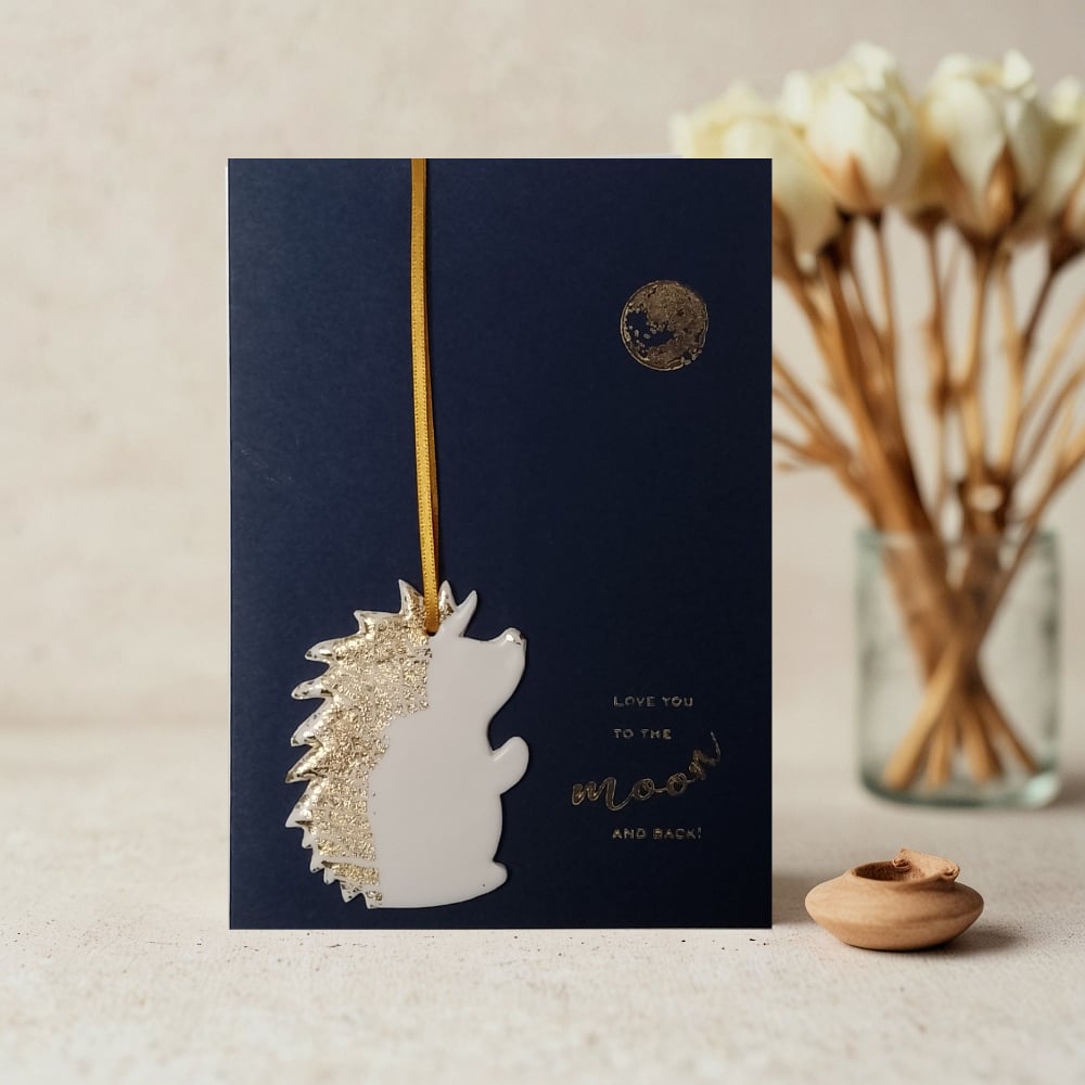 Image of 'Love You To The Moon & Back' Card With Hedgehog Keepsake Finished In Gold Or Silver Leaf