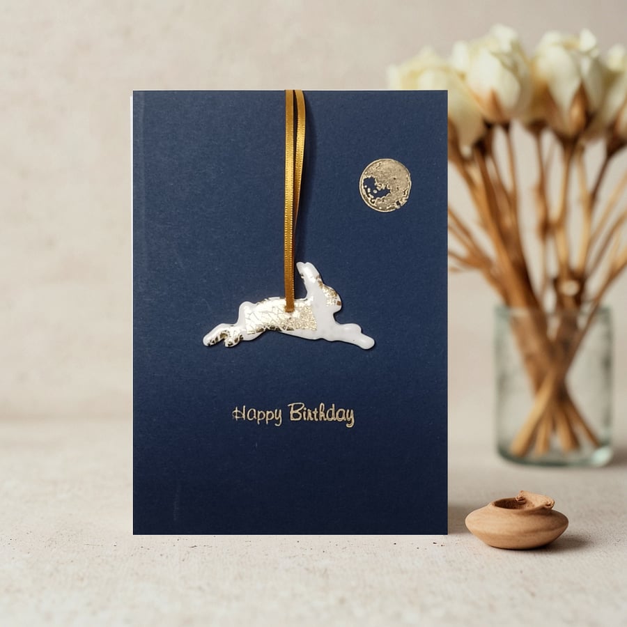 Image of 'Happy Birthday' Hare & Moon Card With Hare Keepsake Finished In Gold Or Silver Leaf