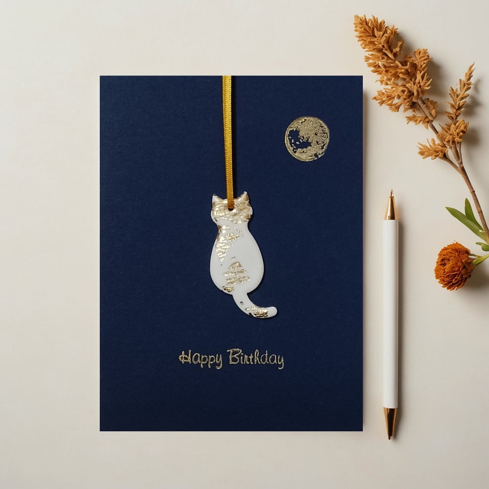 Image of 'Happy Birthday' Cat & Moon Card With Cat Keepsake Decoration Finished In Gold Or Silver