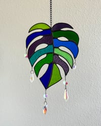 Image 4 of Monstera Leaf Stained Glass Suncatcher Mobile – Green / Blue / Purple