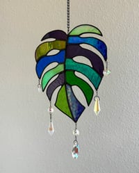 Image 2 of Monstera Leaf Stained Glass Suncatcher Mobile – Green / Blue / Purple