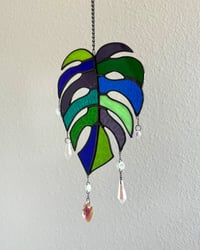 Image 5 of Monstera Leaf Stained Glass Suncatcher Mobile – Green / Blue / Purple