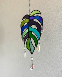 Image 3 of Monstera Leaf Stained Glass Suncatcher Mobile – Green / Blue / Purple