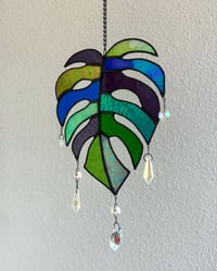 Image 1 of Monstera Leaf Stained Glass Suncatcher Mobile – Green / Blue / Purple