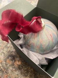 Image 3 of Large luxury hand marbled ceramic bauble with The Natural Dye Works silk ribbon, in gift box - no.1