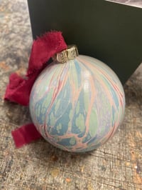 Image 1 of Large luxury hand marbled ceramic bauble with The Natural Dye Works silk ribbon, in gift box - no.1