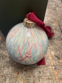 Image 4 of Large luxury hand marbled ceramic bauble with The Natural Dye Works silk ribbon, in gift box - no.1