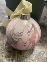 Image 1 of Large luxury hand marbled ceramic bauble with The Natural Dye Works silk ribbon, in gift box - no.2