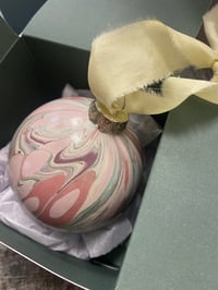 Image 4 of Large luxury hand marbled ceramic bauble with The Natural Dye Works silk ribbon, in gift box - no.2