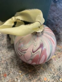 Image 3 of Large luxury hand marbled ceramic bauble with The Natural Dye Works silk ribbon, in gift box - no.2