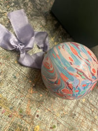 Image 2 of Large luxury hand marbled ceramic bauble with The Natural Dye Works silk ribbon, in gift box - no.3