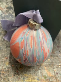 Image 1 of Large luxury hand marbled ceramic bauble with The Natural Dye Works silk ribbon, in gift box - no.3