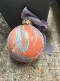 Image 4 of Large luxury hand marbled ceramic bauble with The Natural Dye Works silk ribbon, in gift box - no.3