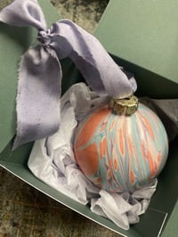 Image 5 of Large luxury hand marbled ceramic bauble with The Natural Dye Works silk ribbon, in gift box - no.3