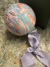 Image 6 of Large luxury hand marbled ceramic bauble with The Natural Dye Works silk ribbon, in gift box - no.3