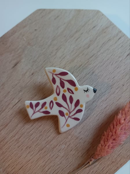 Image of Broche oiseau feuilles