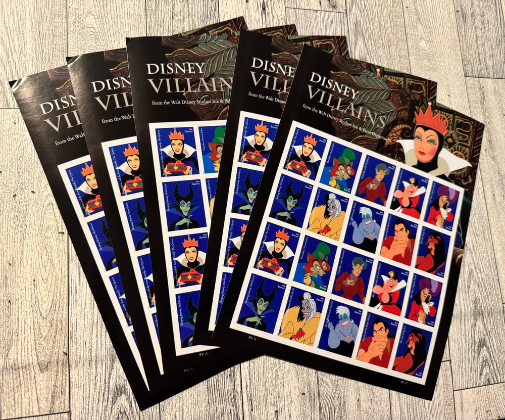 USPS Disney Villains Stamps 5 Books (100 Stamps)