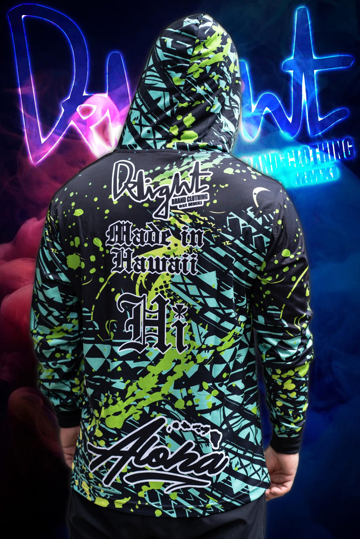 (Hooded) Splattered Tribal - Aloha Islands Long Sleeve (Black/Green/Teal)