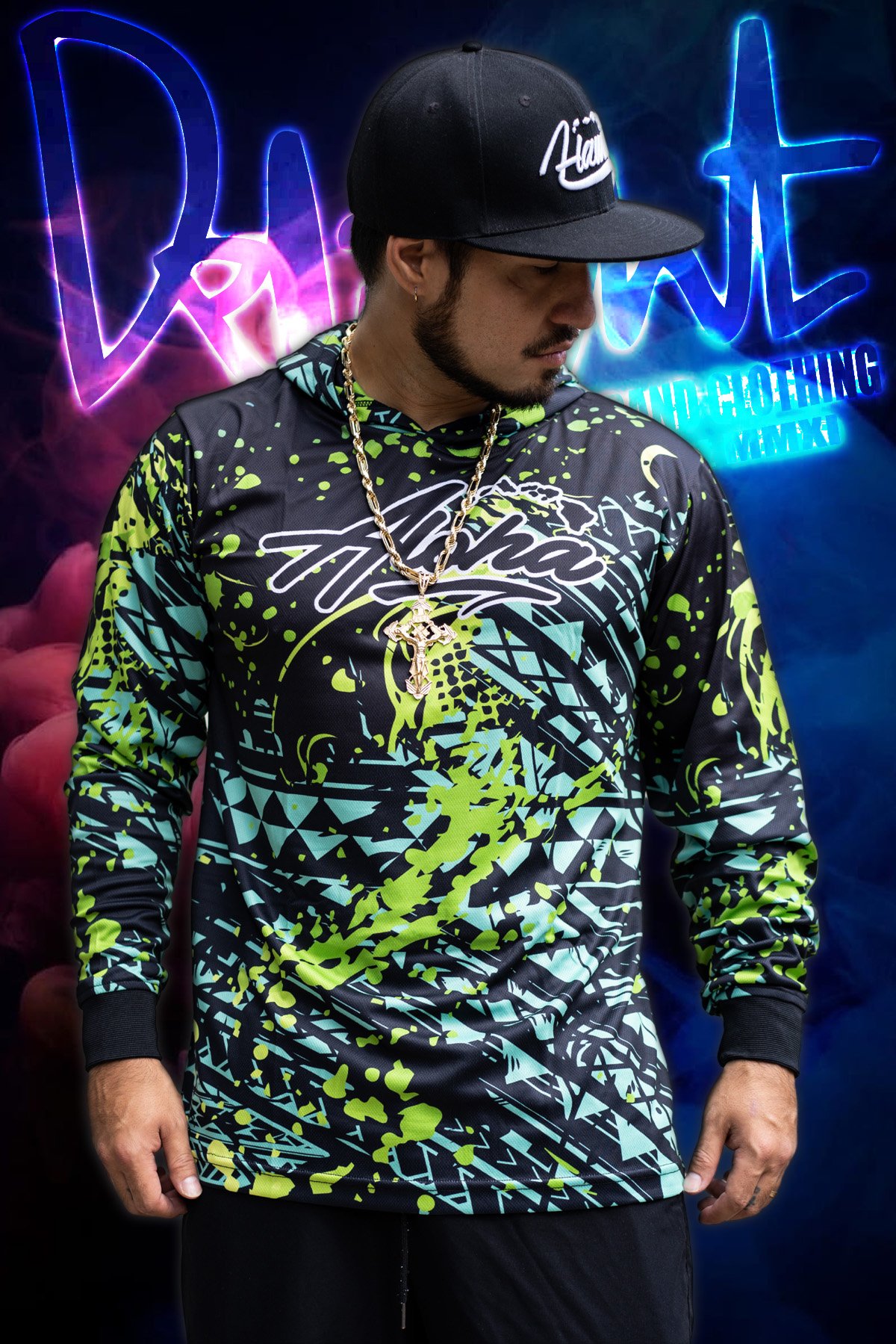 (Hooded) Splattered Tribal - Aloha Islands Long Sleeve (Black/Green/Teal)