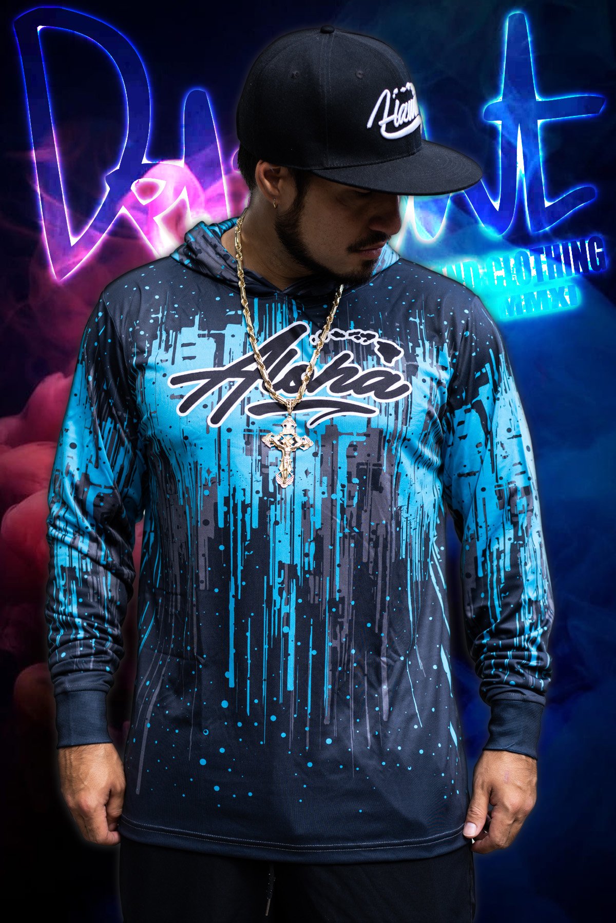 (Hooded) Aloha Islands Dripped Long Sleeve (Dark Navy/Teal/Grey)