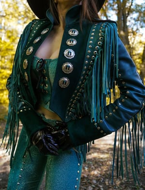 Image of Toxic Vision 'She' emerald leather fringe jacket