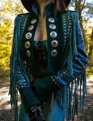 Image of Toxic Vision 'She' emerald leather fringe jacket