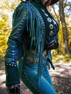 Image of Toxic Vision 'She' emerald leather fringe jacket