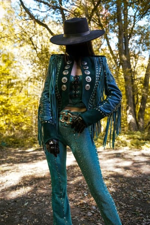 Image of Toxic Vision 'She' emerald leather fringe jacket