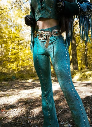 Image of Toxic Vision 'She' teal shimmery cathedral pants MULTI SIZE