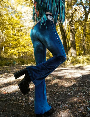 Image of Toxic Vision 'She' teal velvet cathedral pants TWO SIZES