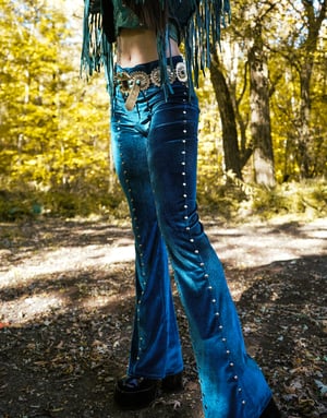 Image of Toxic Vision 'She' teal velvet cathedral pants TWO SIZES