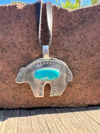 Image 2 of WL&A Handmade Ingot Bear Pendant crowned with Sky Blue Roystons - Size 2in x 2in 